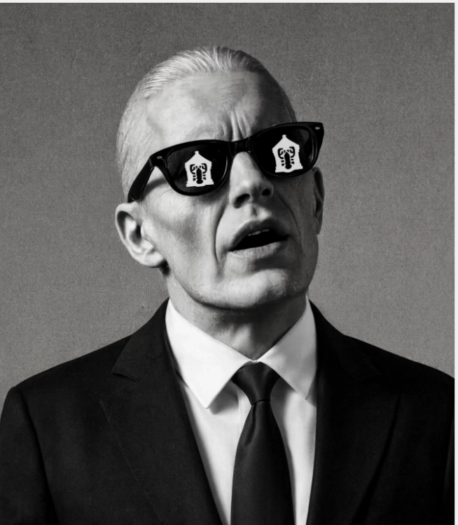 Black and white portrait of Manfred wearing dark glasses